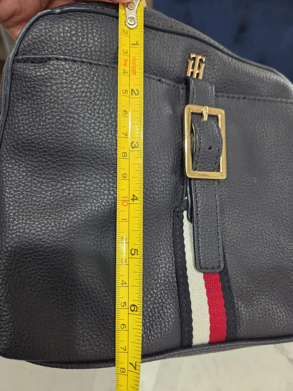 Tommy Hilfiger Navy Crossbody Bag with Red-White-Blue Stripe and Gold Hardware